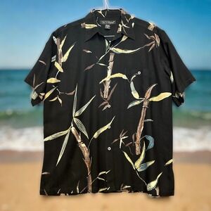Tori Richard Men's Silk Hawaiian Aloha Camp Shirt L Black w/Bamboo